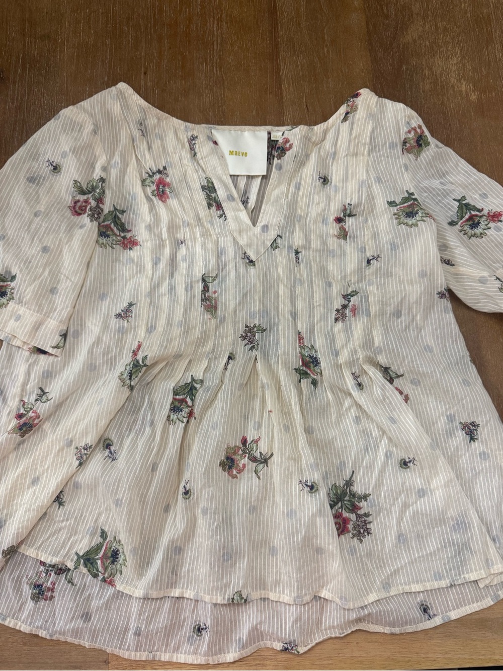 Maeve Cream Floral Pintuck Peplum Tunic with Pink & Green Accents